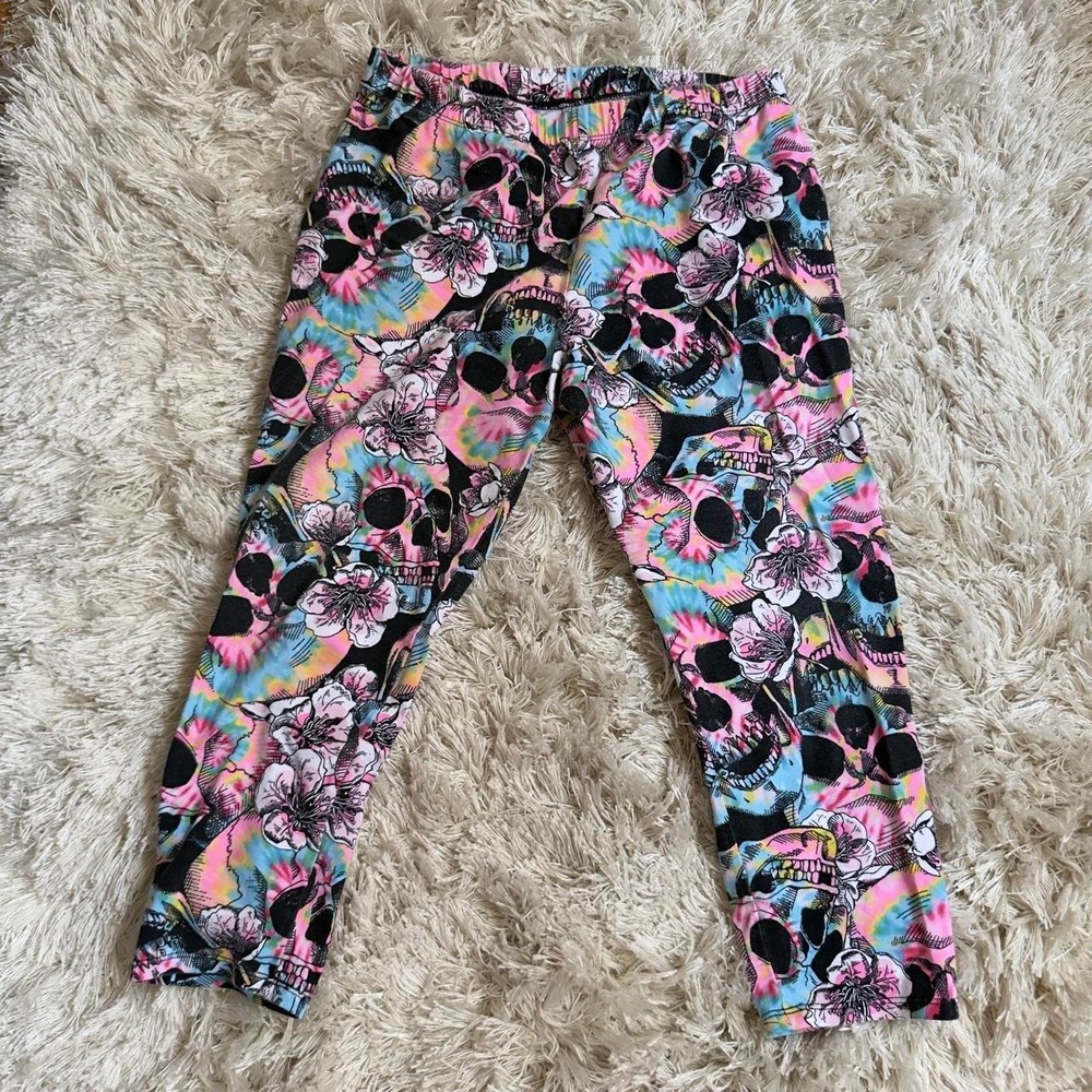 Pastel Goth Skull Floral Tie Dye Cropped Leggings Womens S Scene‎ Kid Y2K Capris